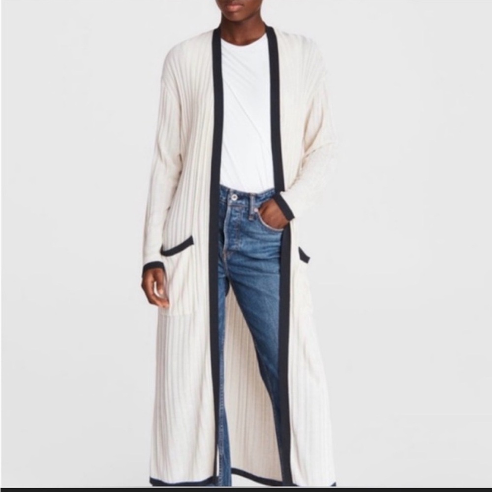 Rag & Bone Cream Ribbed Long Duster Cardigan Black Trim Open Front Size Small